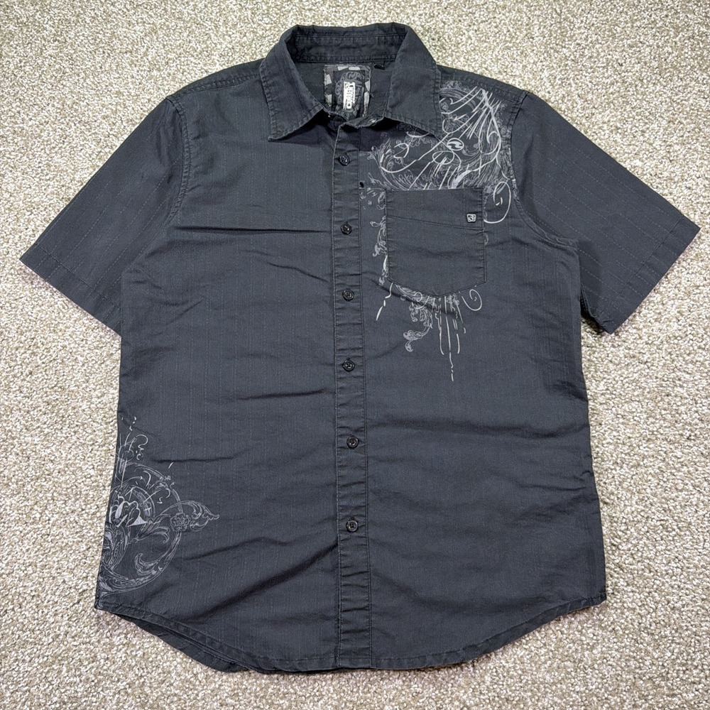 Y2K Billabong Button Up Style Affliction Black Size Small Short Sleeve Grunge
